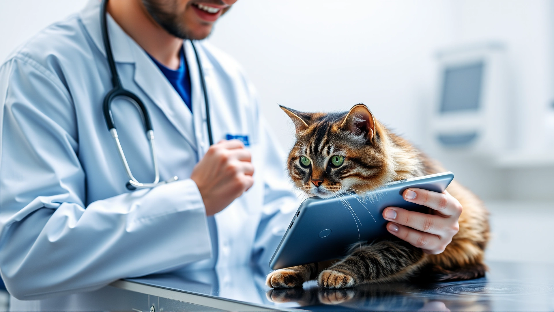 Veterinarian reviewing research on a digital tablet beside a calm cat on the exam table, representing evidence-based practice, bright clinic lighting.