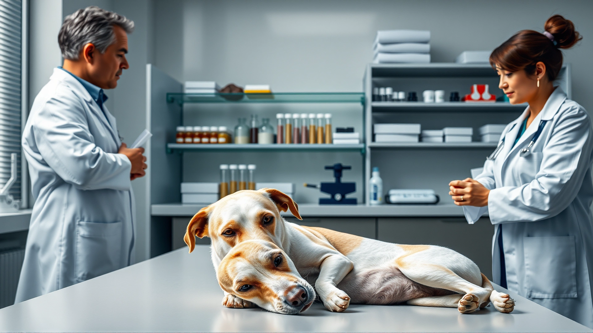 Laboratory scene with veterinary researchers in white coats observing test tubes and a calm dog laying nearby, representing clinical trial environment.