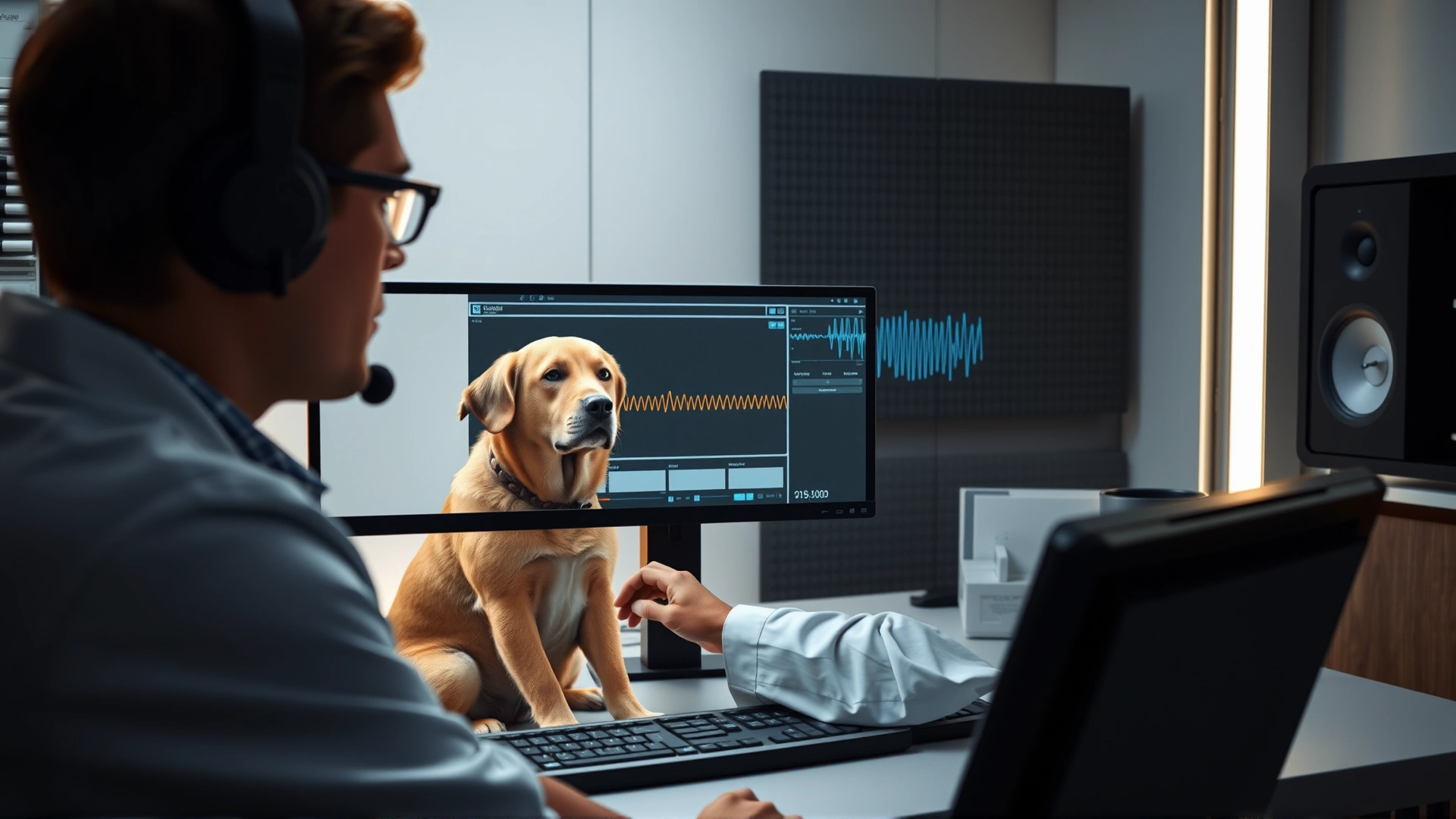 Scientist wearing headphones analyzing sound waves on a computer screen while a calm dog sits in a sound booth, modern research lab setting, no readable text on screen.