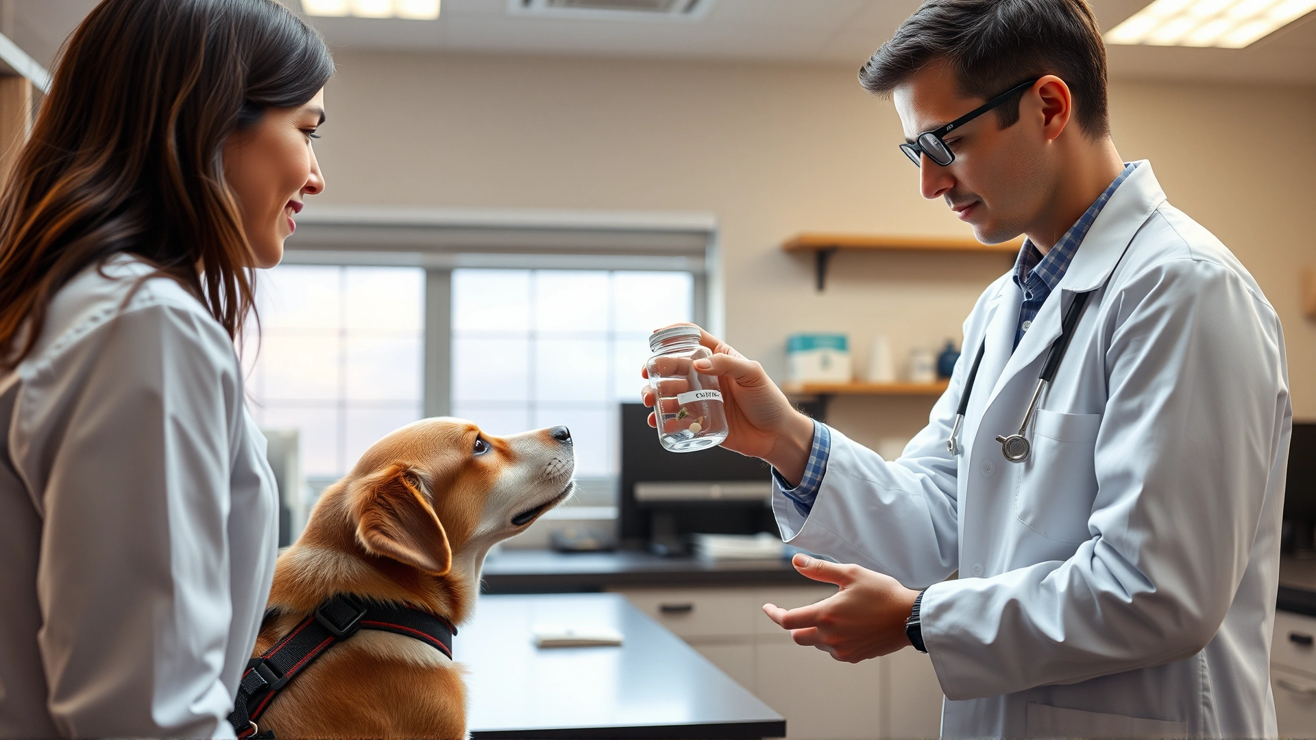 Indoor laboratory scene where a researcher in a white coat presents a scent sample jar to a focused dog wearing a harness