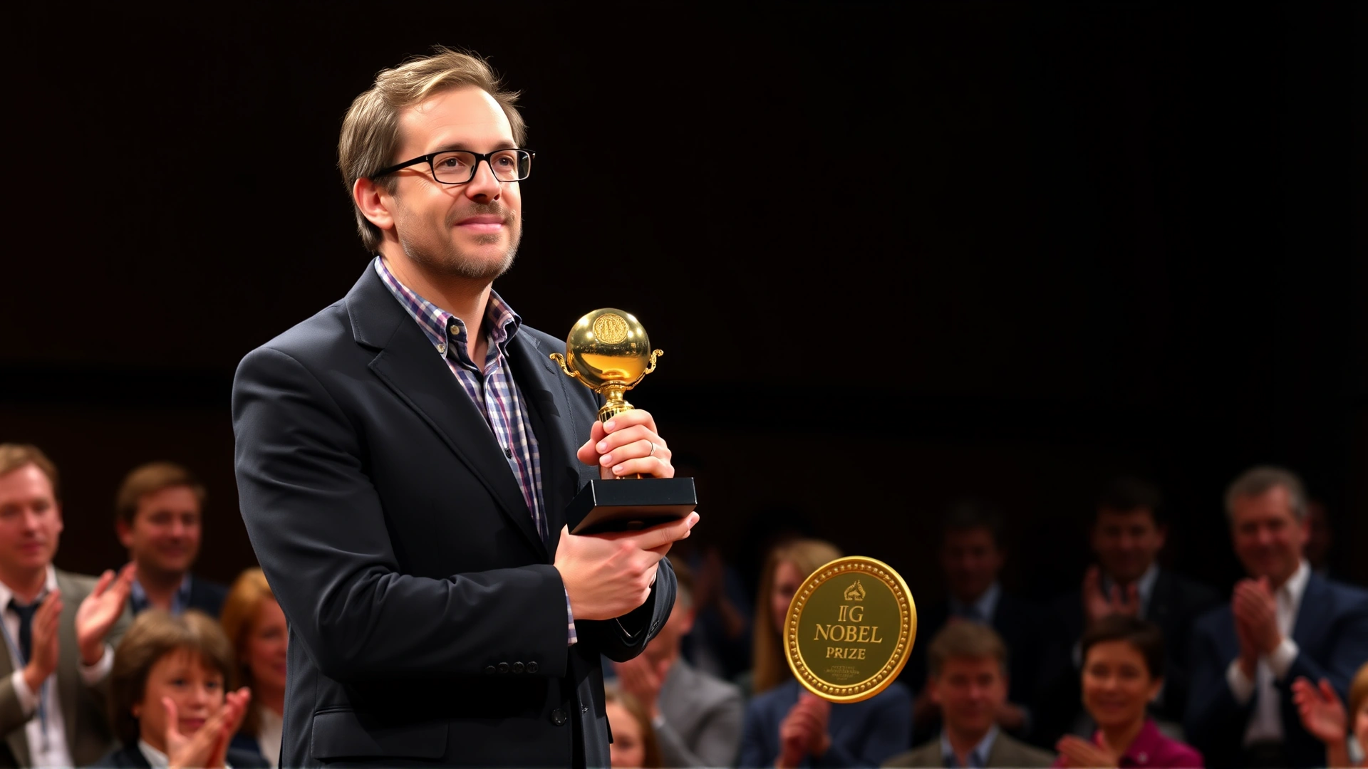 Physicist Marc-Antoine Fardin standing on a stage holding the Ig Nobel Prize trophy, audience clapping behind him.