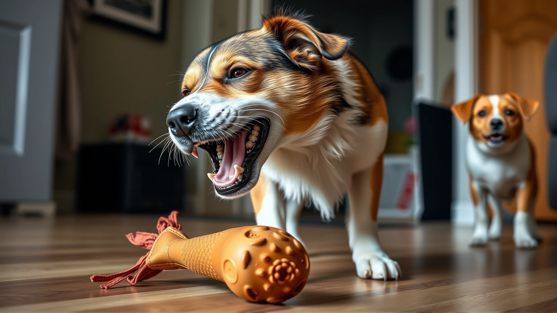 A dog growling protectively over a chew toy while another pet watches from a short distance, captured in a natural home environment, no text.