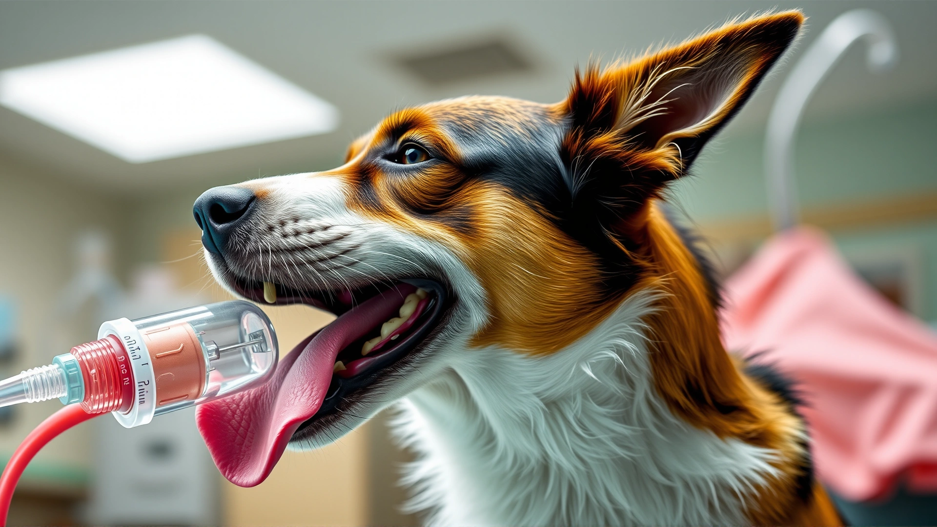 Dog with mouth open and tongue out, struggling to breathe, sitting upright with visible chest movement, veterinary oxygen mask nearby, indoor clinic background