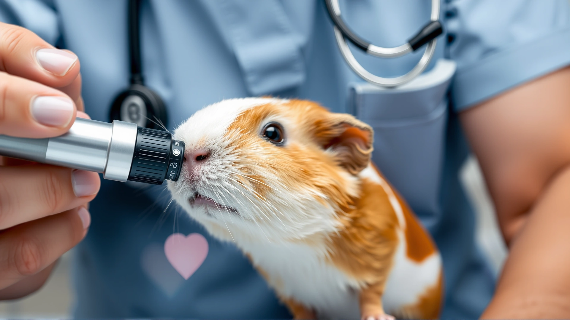 Veterinarian using a small otoscope to examine a guinea pig's nose and throat.