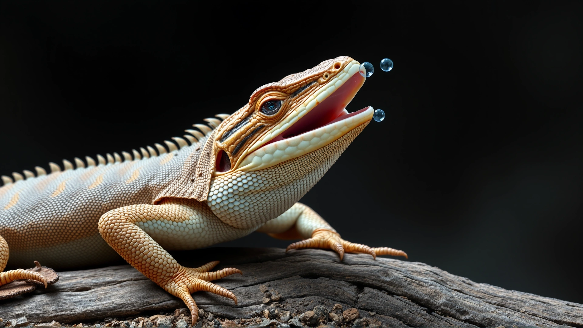 A lizard breathing with its mouth open, slight bubbles around nostrils, perched on a log to show respiratory distress.