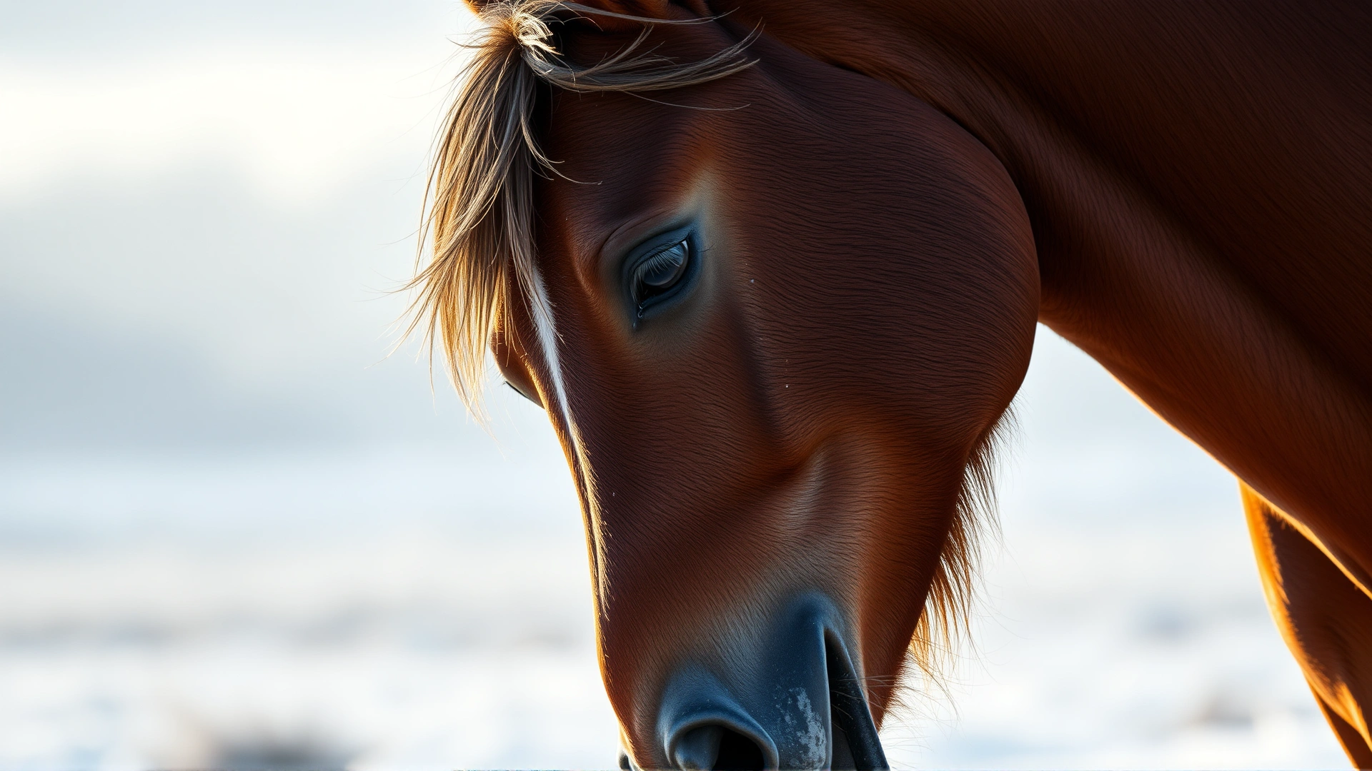 Side shot of a galloping horse exhaling visible breath on a cold morning, fine mist highlighting airflow from nostrils, no text