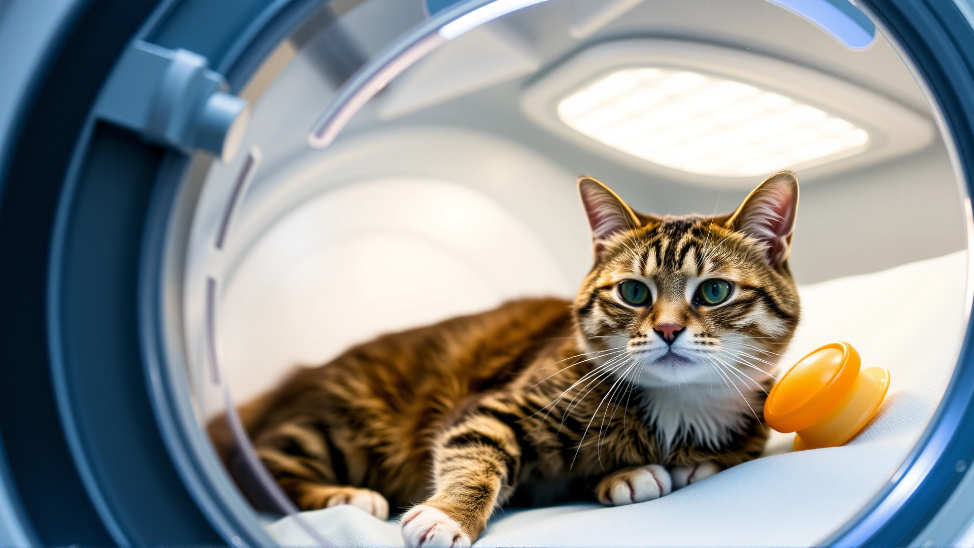 Cat inside an oxygen therapy chamber at a veterinary hospital, appearing calm and stable.