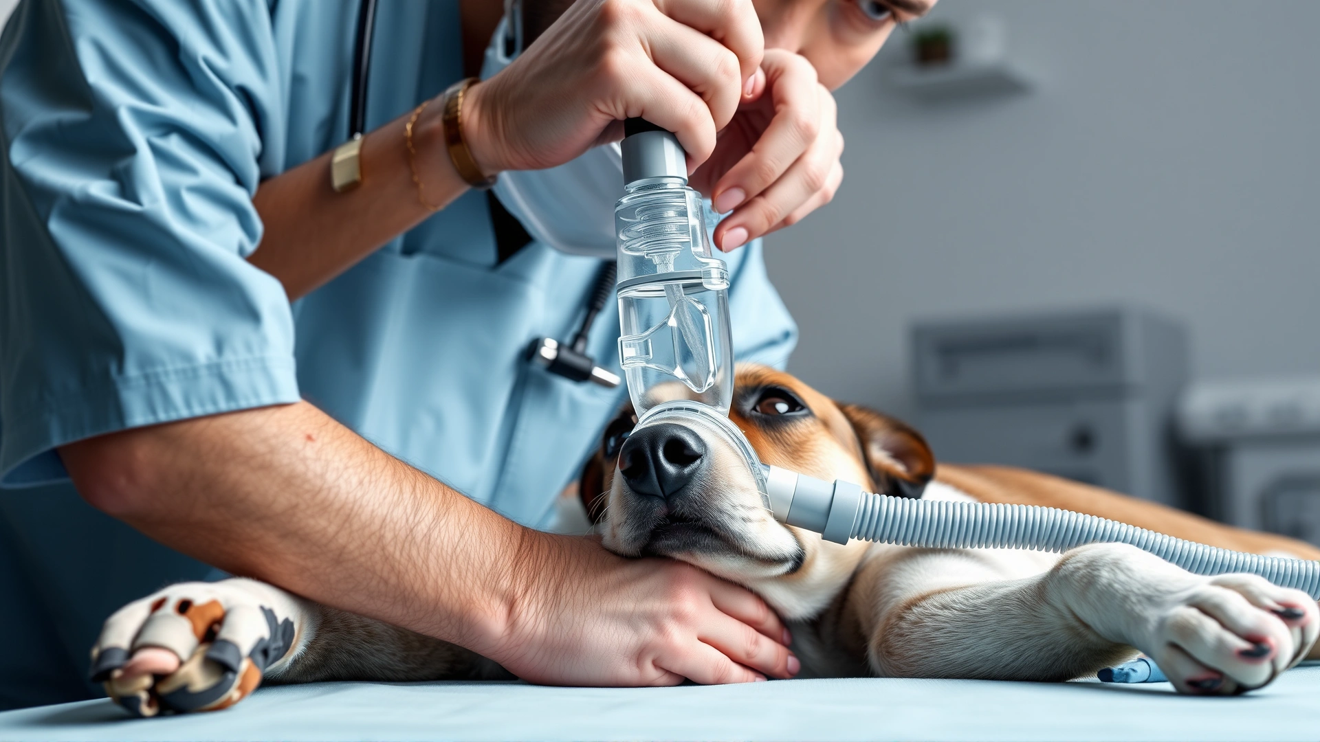 Veterinarian setting up a ventilator connected to an endotracheal tube of an anesthetized dog.