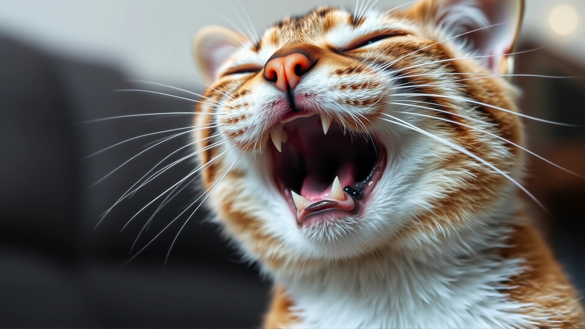 Close-up photo of a domestic cat breathing with mouth open and showing visible effort, highlighting respiratory distress. Indoor setting, soft diffused lighting, high resolution.
