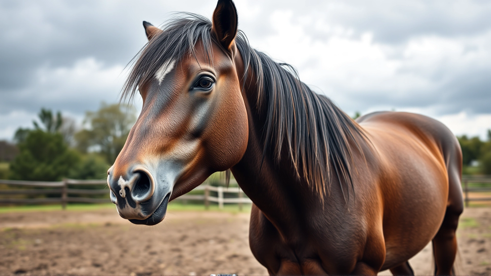 Horse showing mild nasal discharge while standing in a paddock on a cloudy day