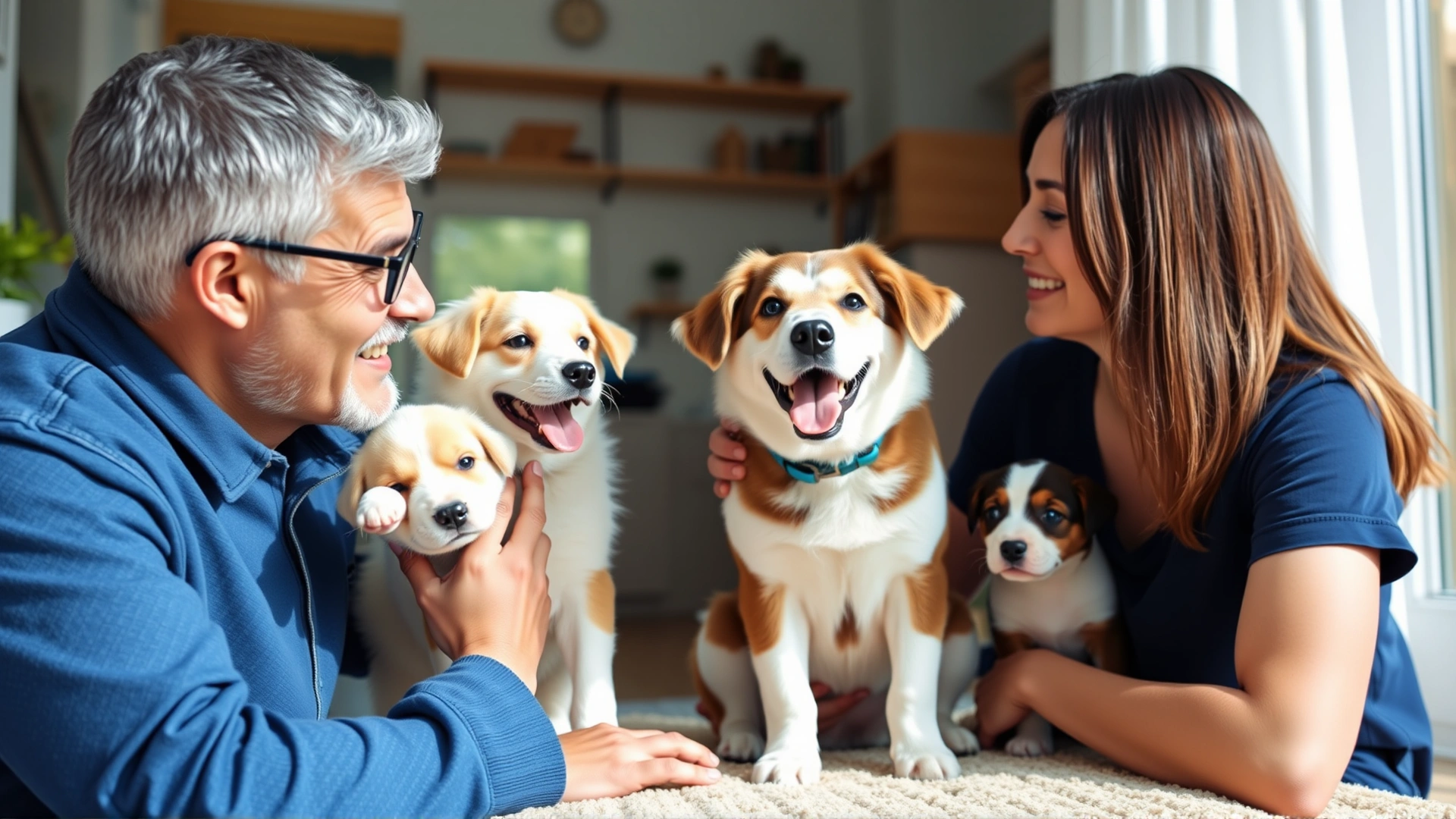 Happy family meeting a responsible dog breeder in a bright, clean home environment with healthy puppies around.