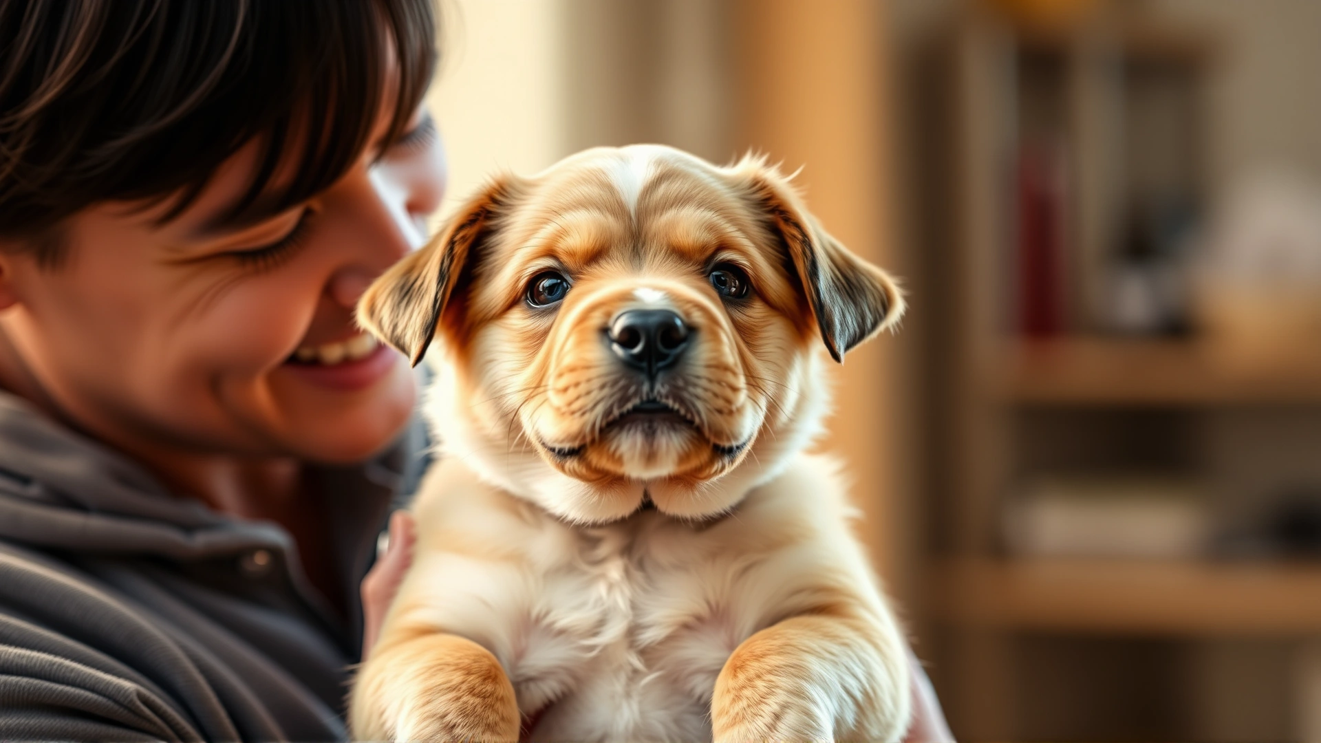 Close-up of a responsible dog breeder gently holding a single purebred puppy indoors, warm lighting, happy expression, no text.