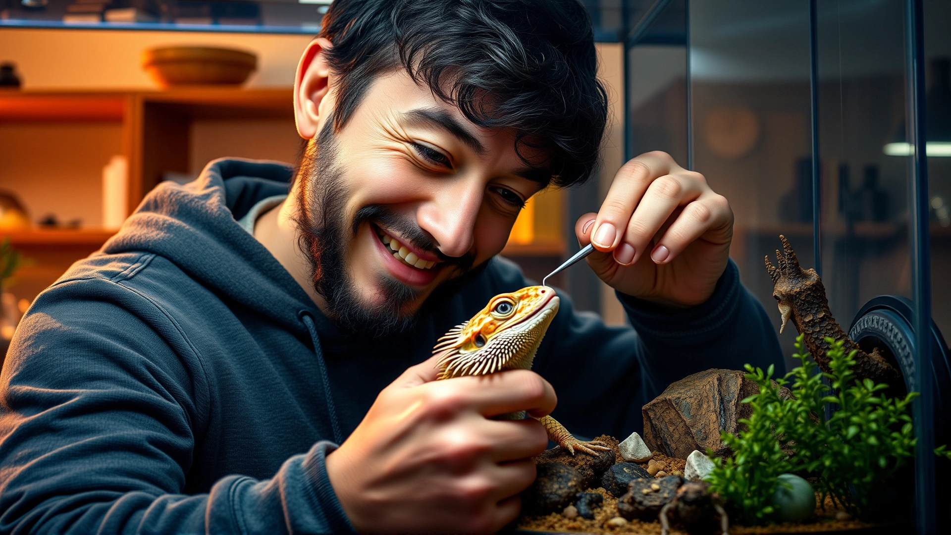 Smiling adult carefully feeding a bearded dragon with tweezers inside a well-equipped terrarium, warm ambient light, no text