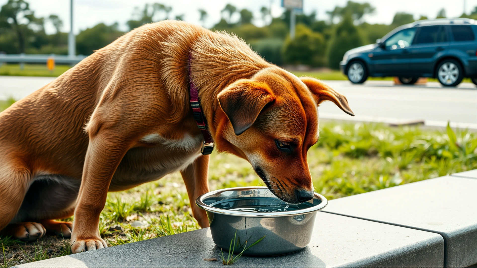 Dog drinking water from portable bowl at a highway rest area with green grass and parked car