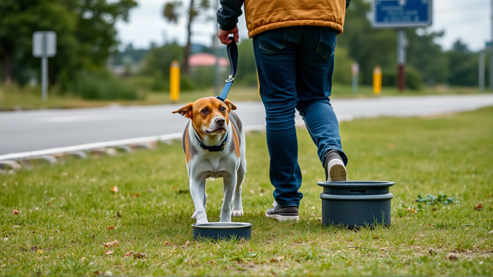 Owner walking a leashed dog at a grassy roadside rest area with a portable water bowl on the ground