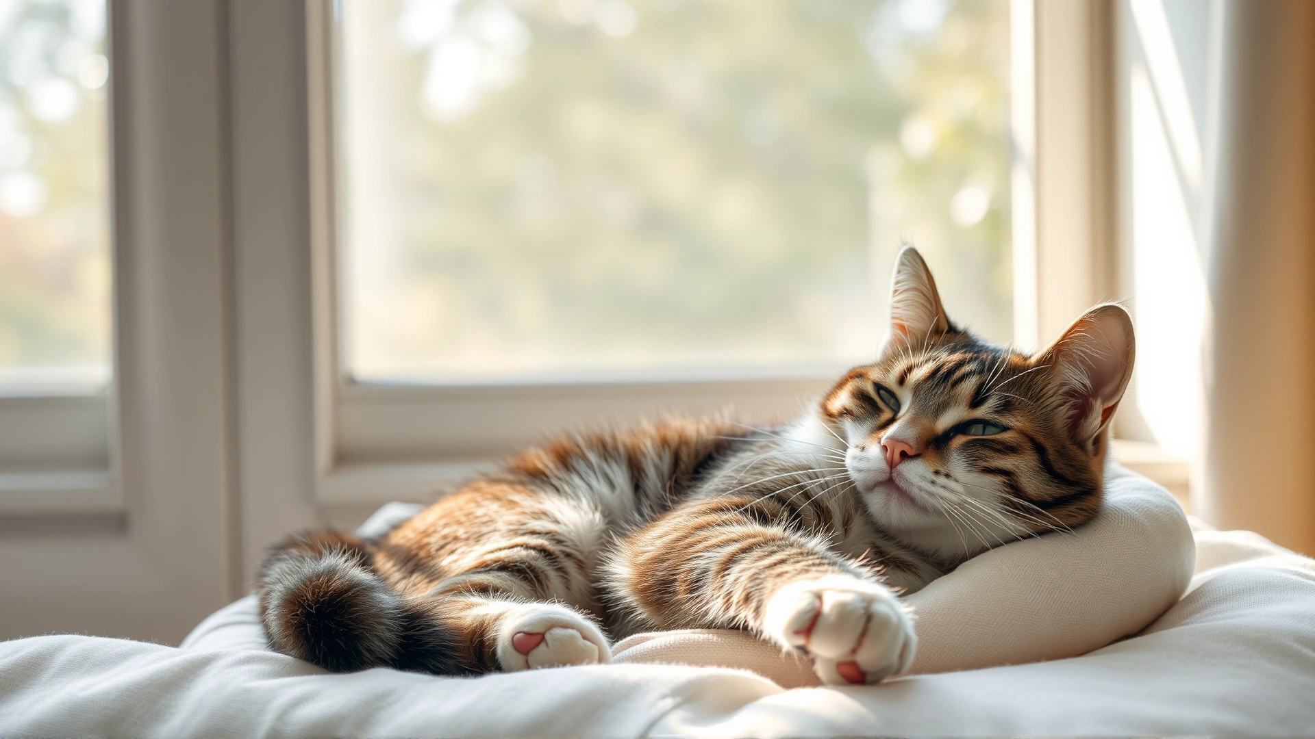 An indoor cat resting comfortably in a soft bed near a sunny window, signifying recovery and home care.