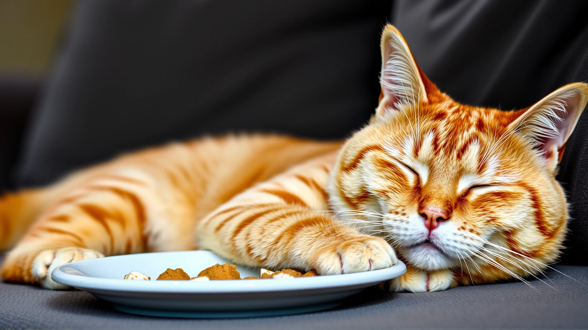 Content ginger cat lying comfortably on a couch after eating, eyes half-closed and appearing satisfied