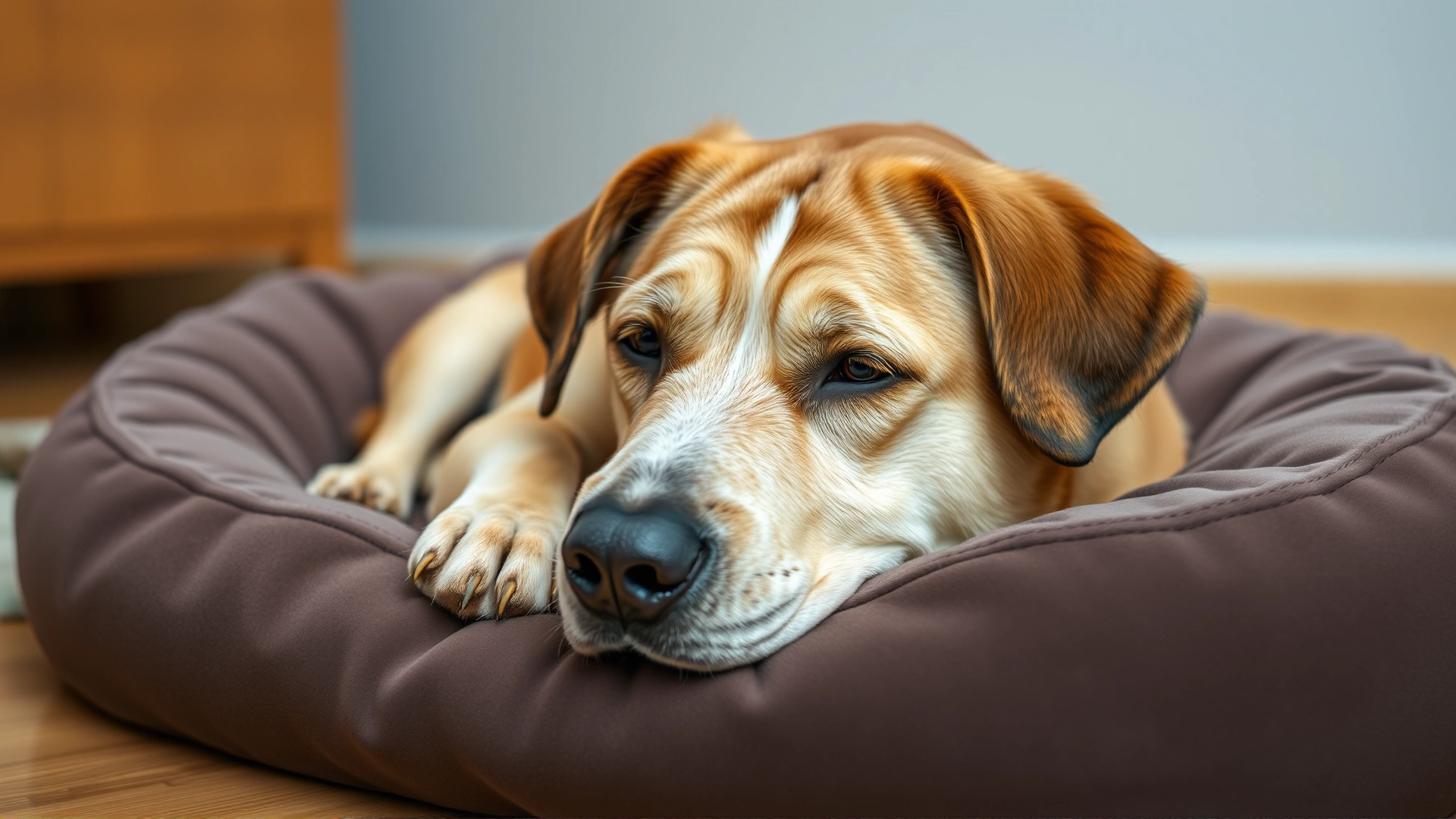 Senior dog resting comfortably on a soft dog bed, looking mildly tired but calm, warm indoor lighting, high-resolution, no text.