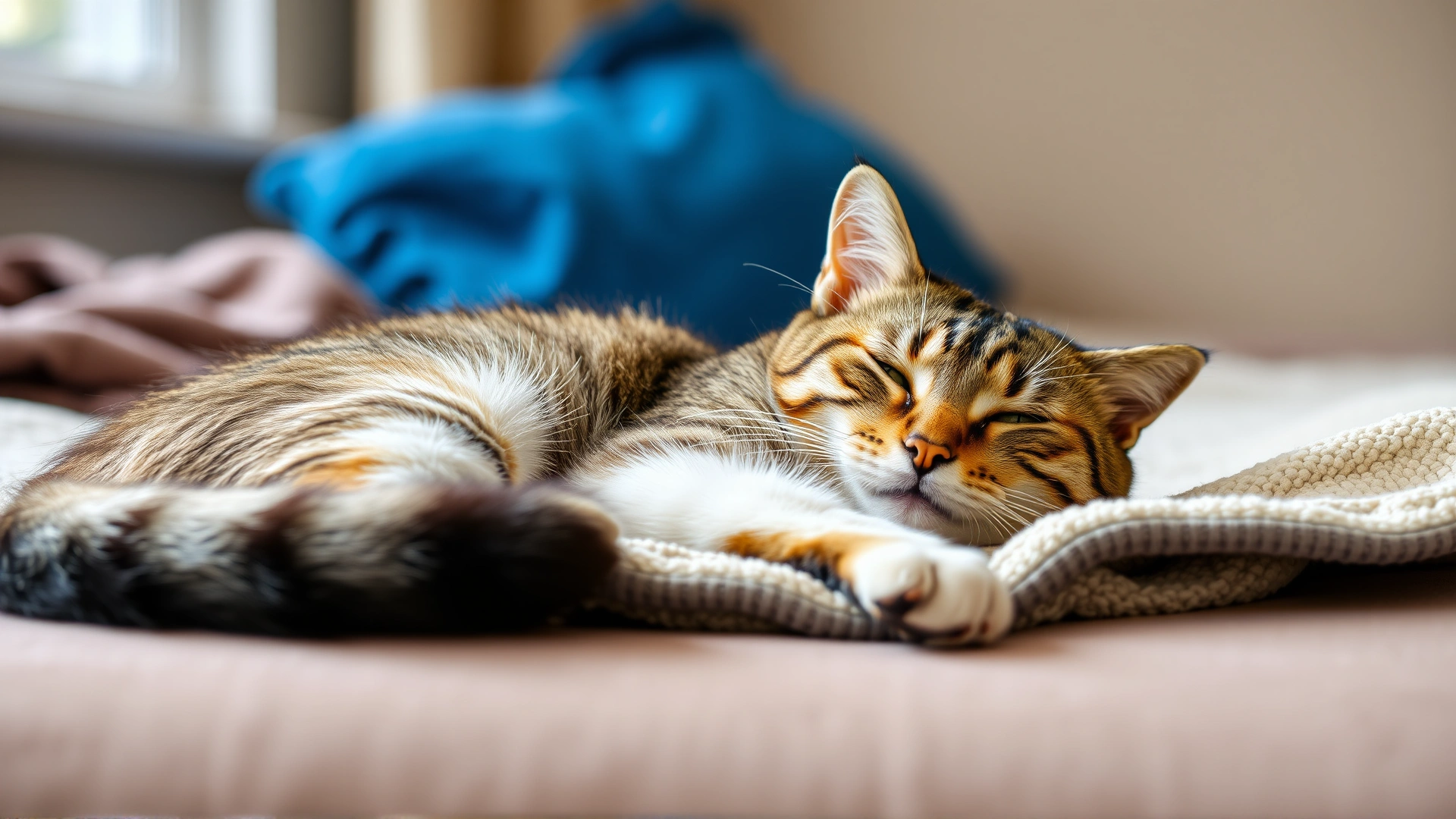Domestic short-haired cat resting comfortably on a soft blanket at home, looking relaxed after treatment, no text