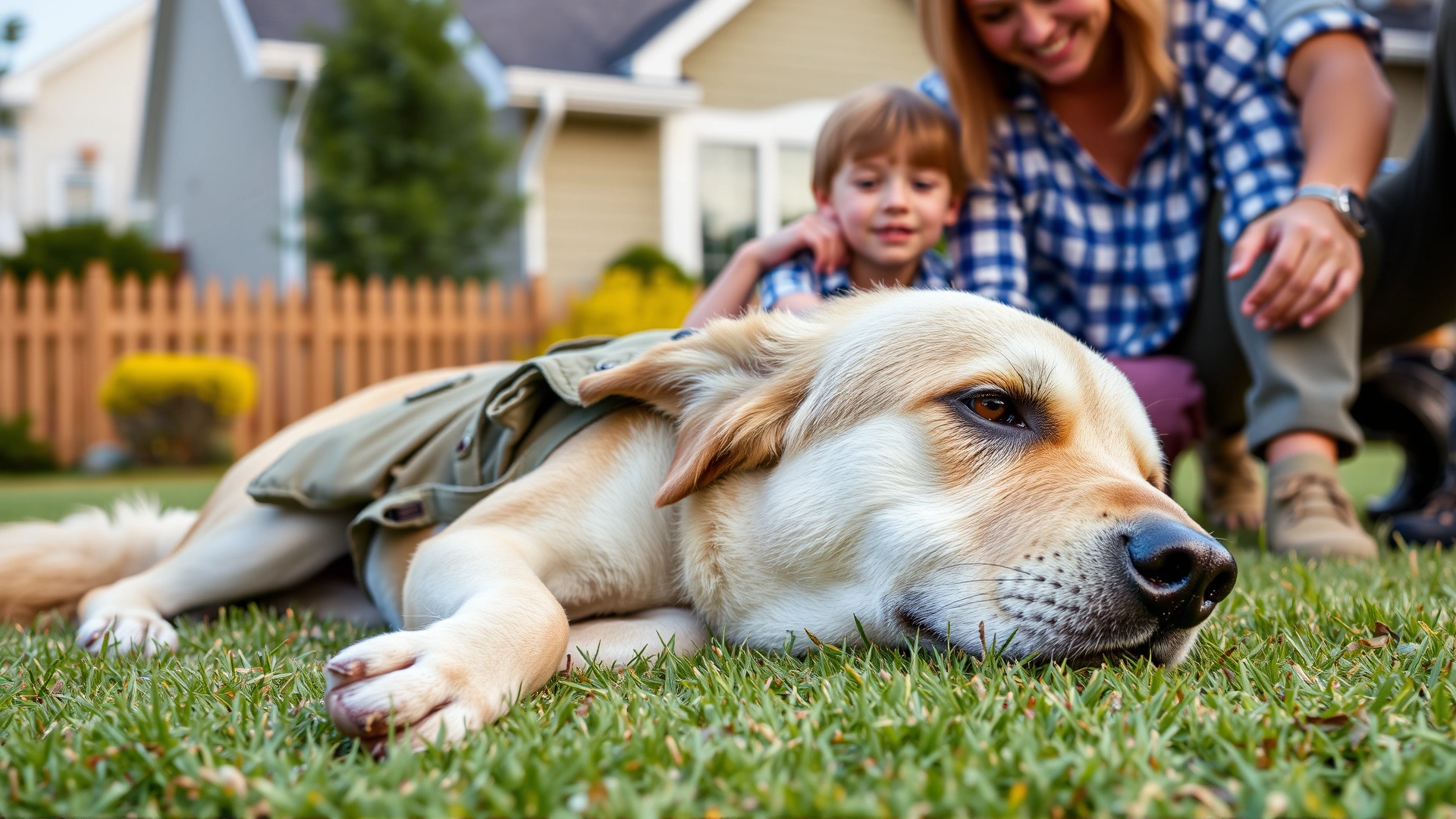 Relaxed older military dog lying on a lawn with a family, child gently petting his head, suburban home in background