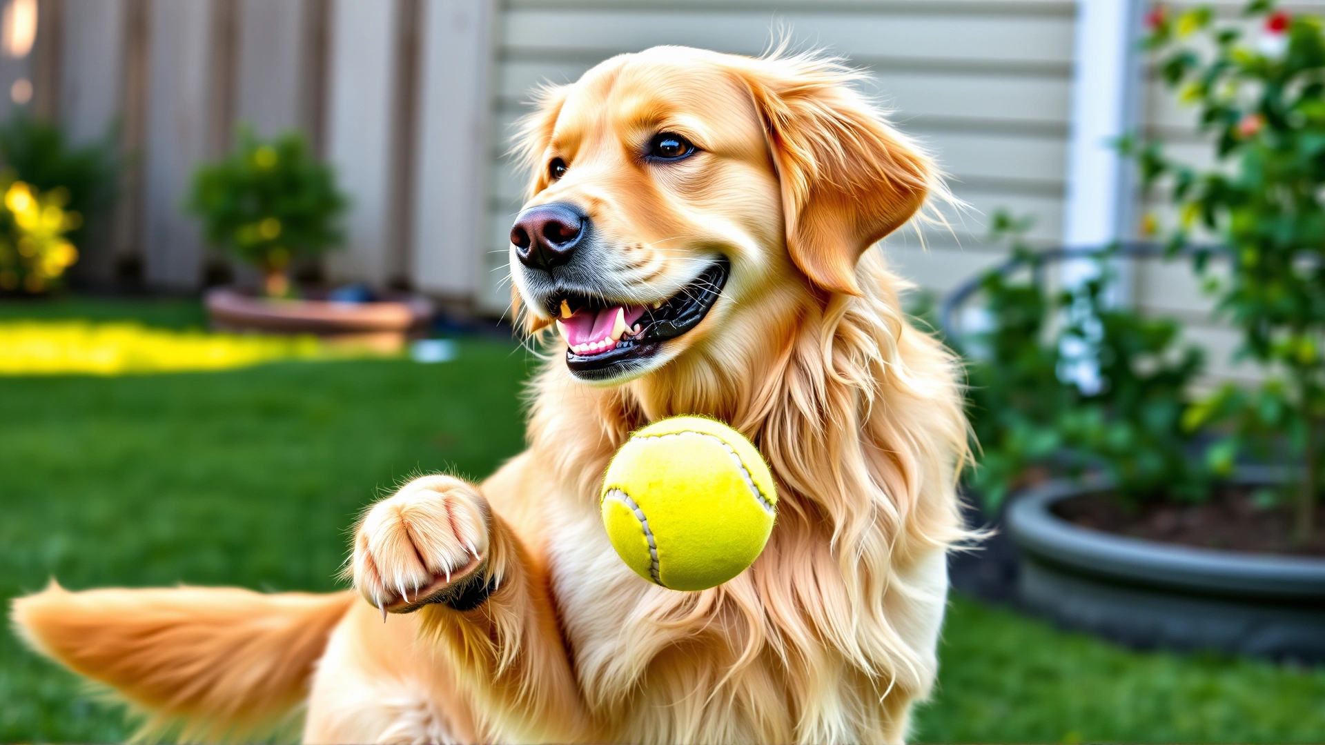 Golden Retriever proudly holding a tennis ball while wagging its tail in a backyard.