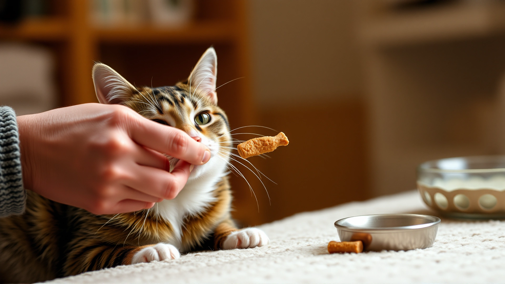 Owner hand-feeding a small cat treat to a content cat after medication, warm cozy home environment