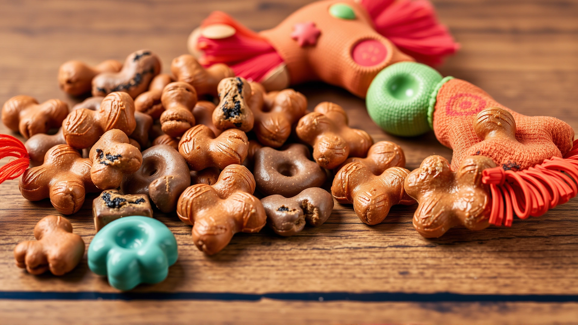 Close-up of assorted small dog treats on a wooden table next to a colorful squeaky toy
