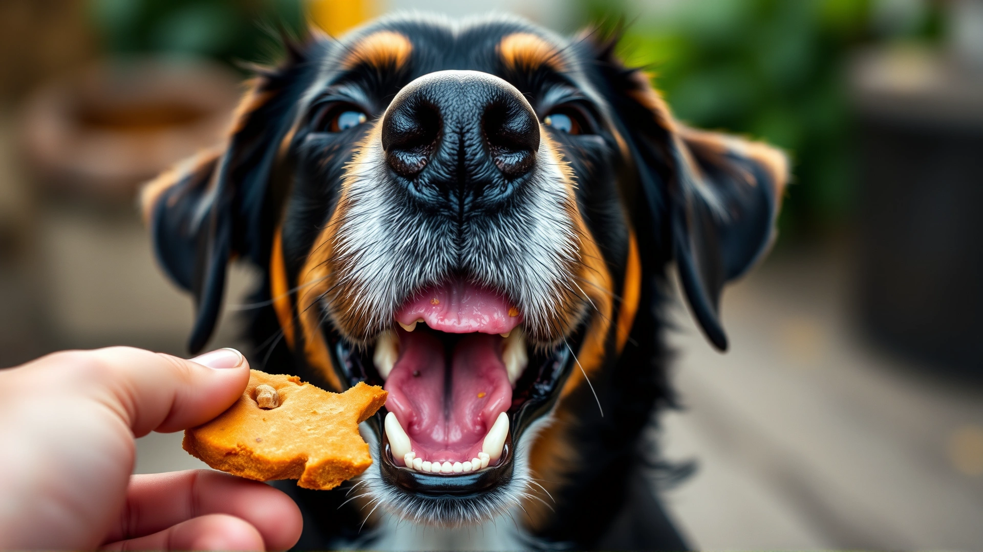 Close-up of a dog’s joyful face receiving a treat immediately after barking, blurred background, no text on image