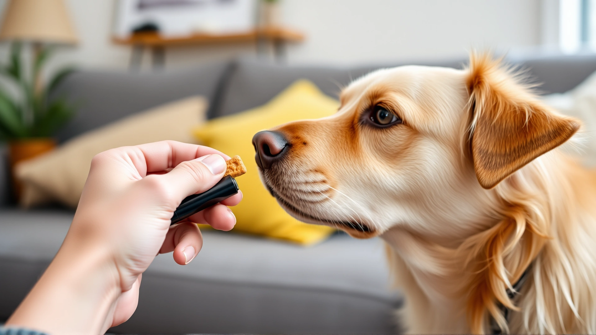 Close-up of owner’s hand holding a clicker and small treat while dog focuses eagerly, cozy living-room background