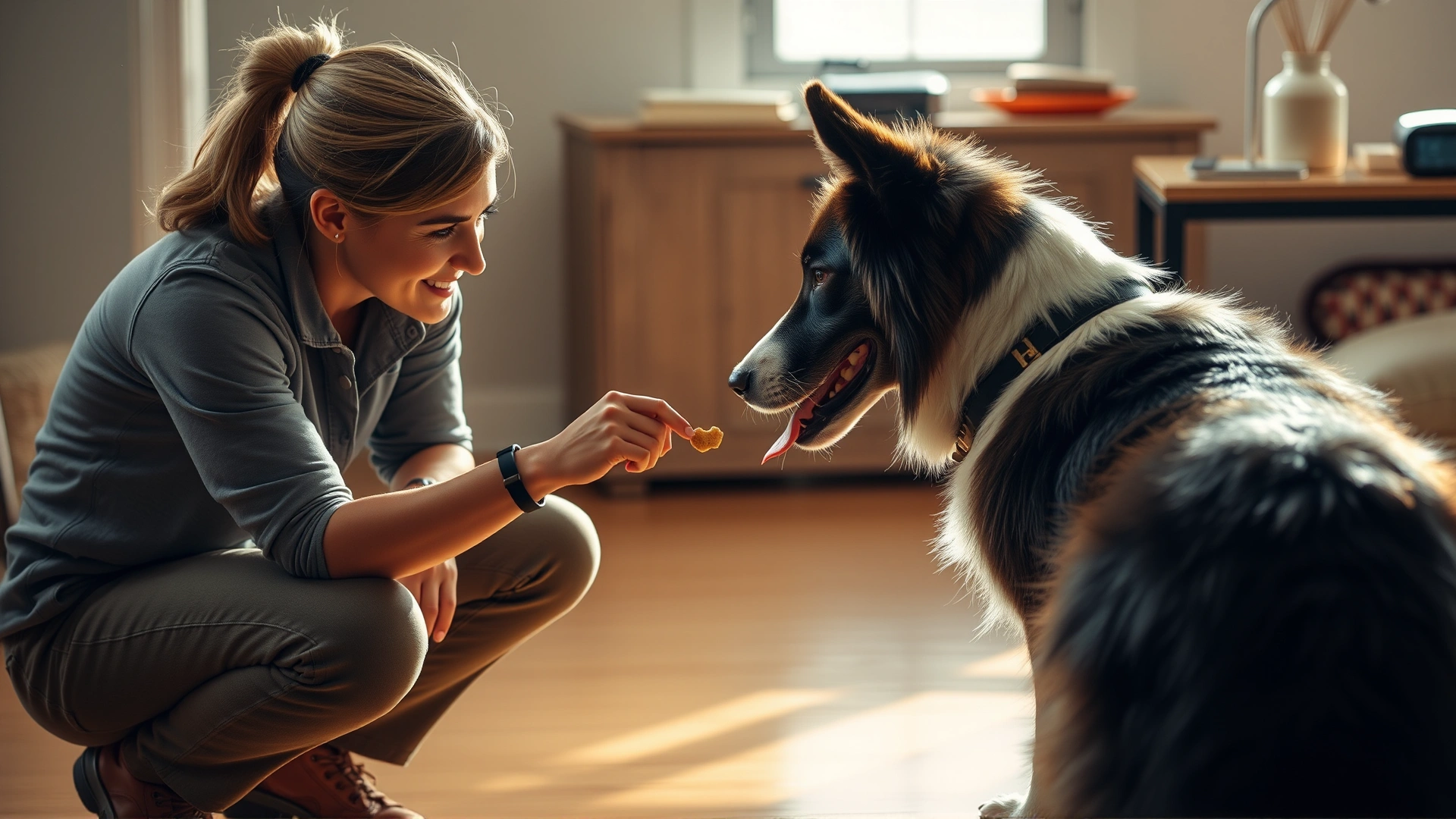Trainer crouching down giving a small treat to a dog that has just completed a task indoors, warm lighting.