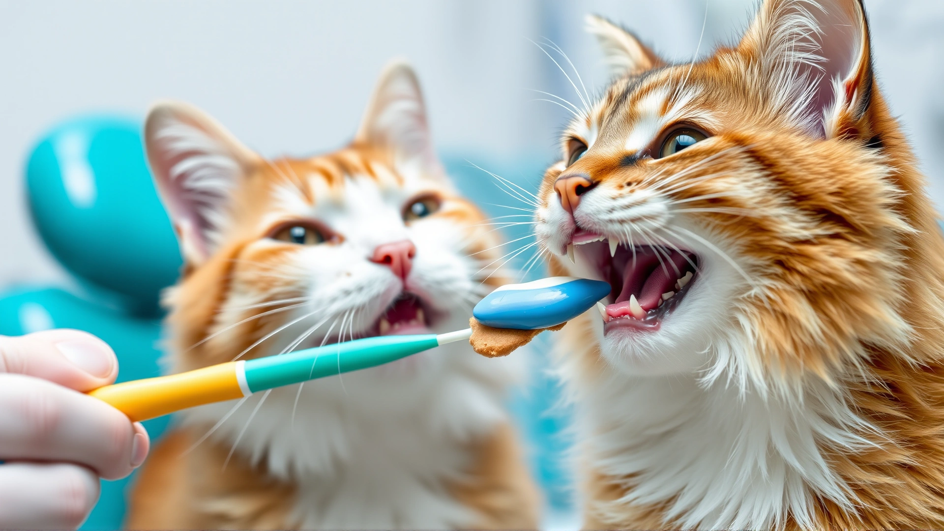 Happy cat receiving a treat after tooth-brushing session, celebratory mood