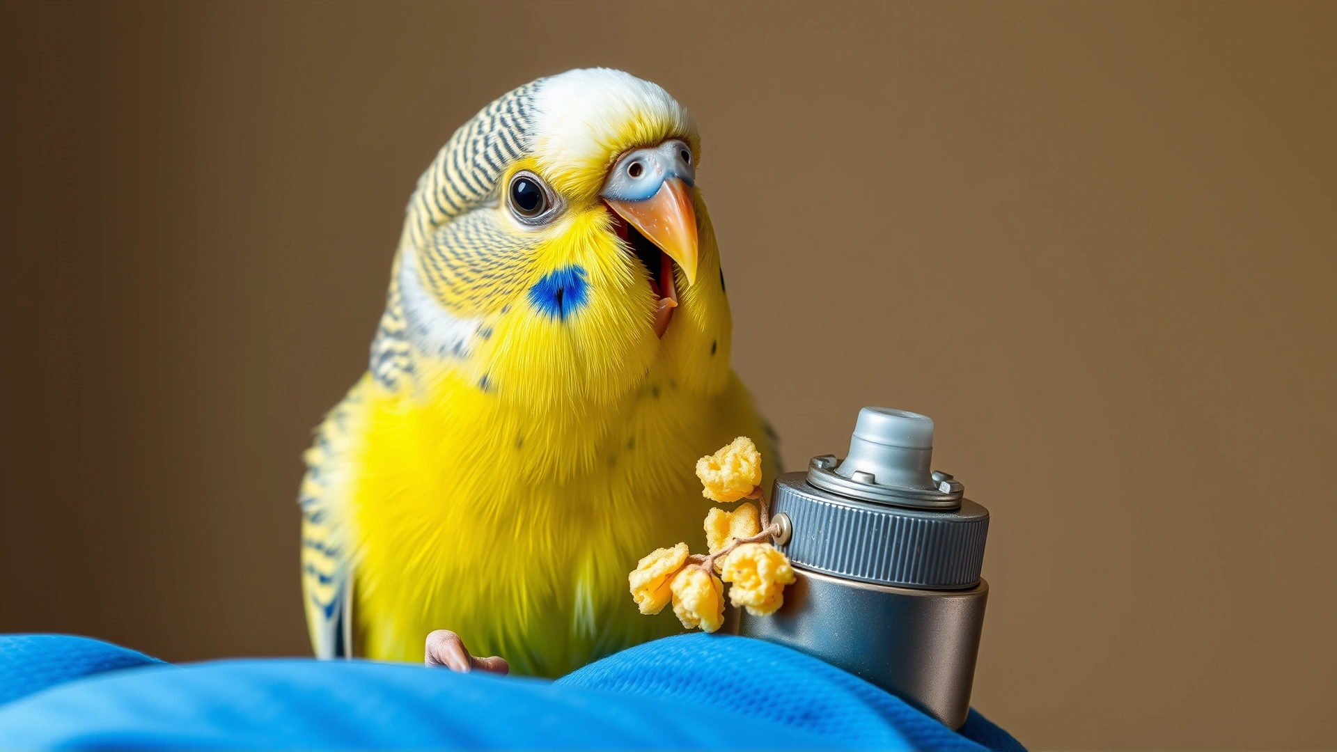 Cheerful budgie eating a millet spray from its owner's hand, representing positive reinforcement after treatment