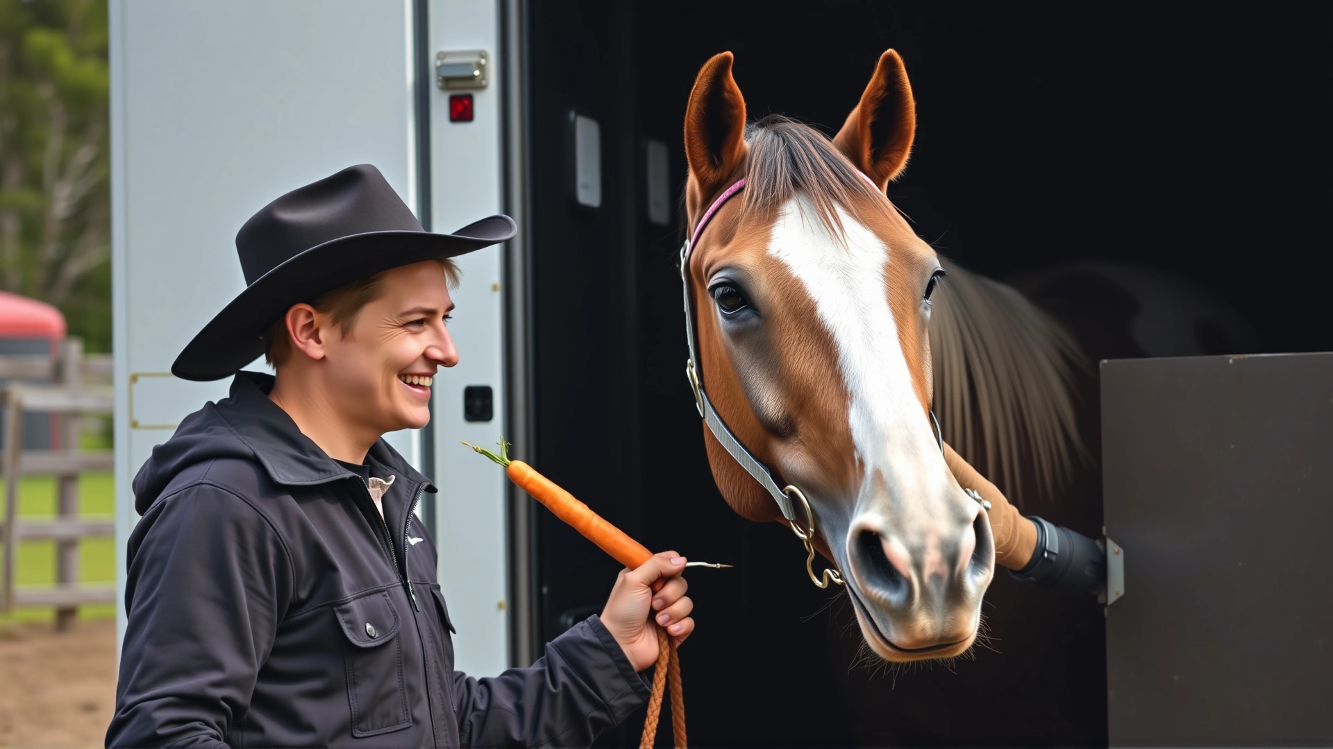 Smiling handler offering a carrot to a horse that has just loaded into the trailer, reinforcing positive behavior, outdoor setting.