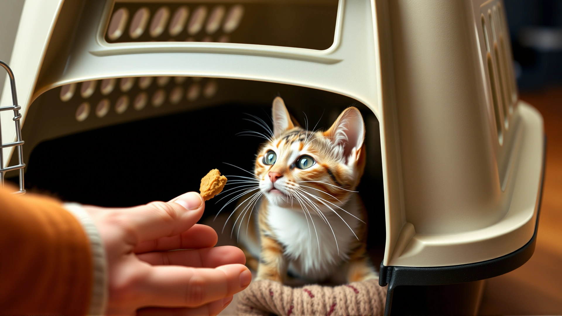 A playful scene with a human hand offering a small treat to a cat inside an open carrier, emphasizing positive reinforcement.