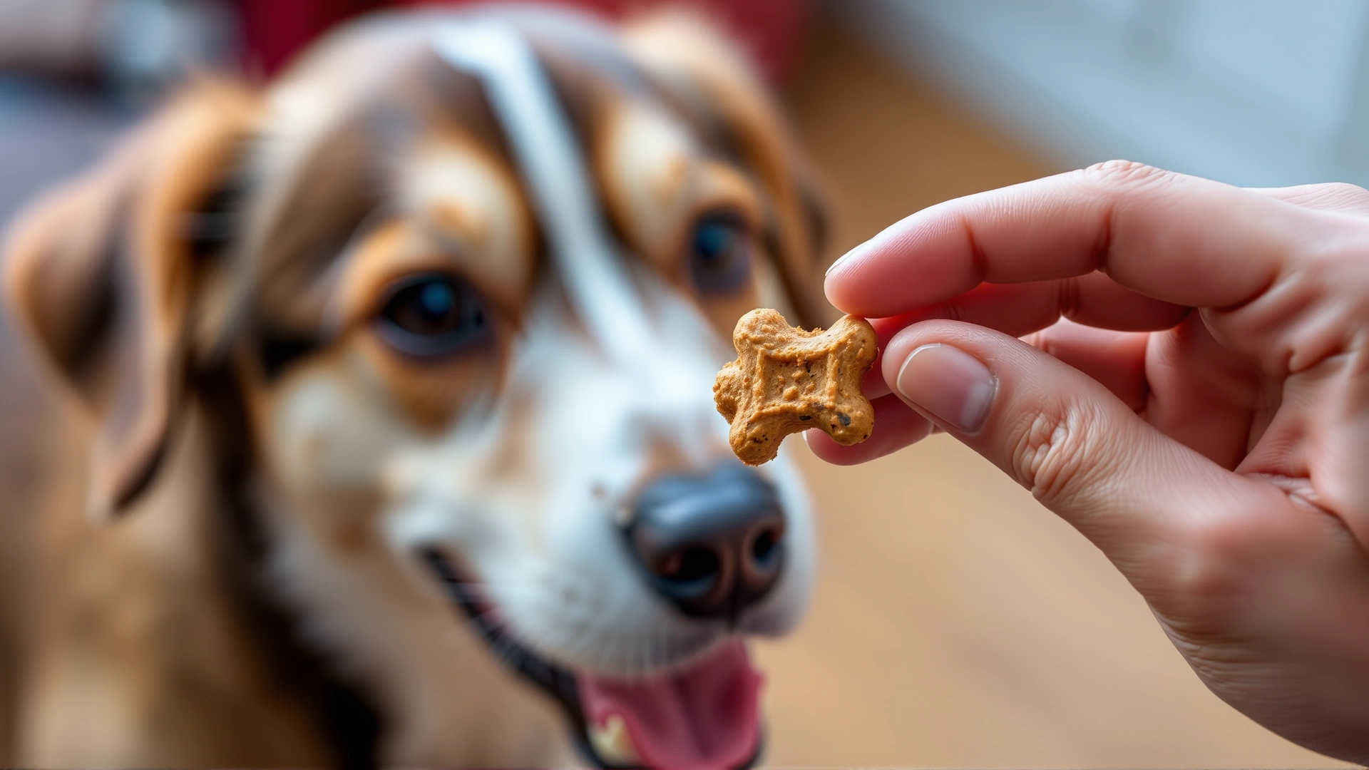 Hand holding small high-value dog treats with a blurred dog in the background focusing on the food