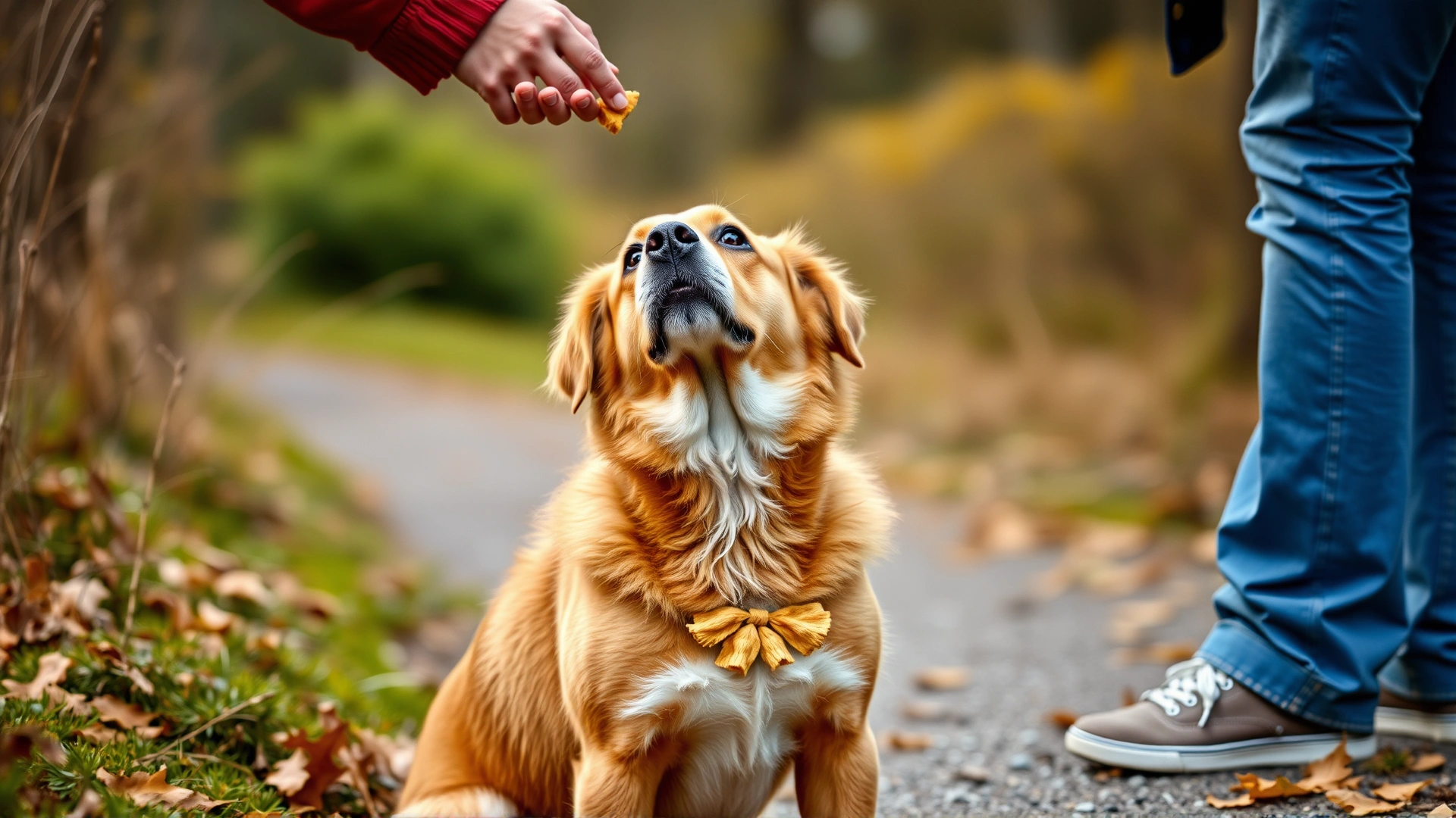 Dog sitting at owner's side on a path, receiving a small treat while looking up attentively