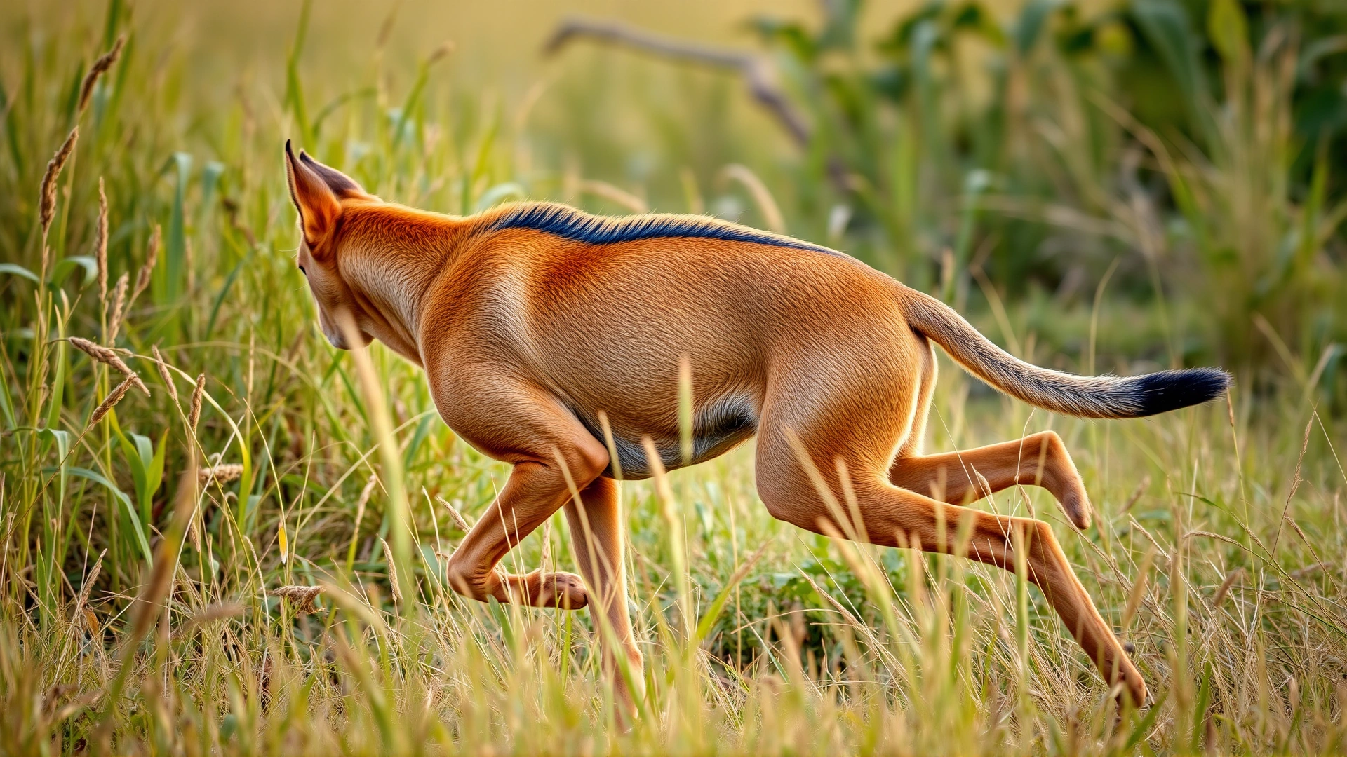 A Rhodesian Ridgeback running through tall savanna grass, ridge along its back clearly visible.