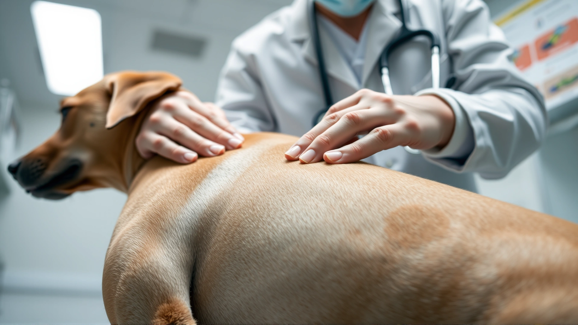 Close-up of a veterinarian using hands to feel a dog's ribs for body condition assessment in a well-lit clinic.