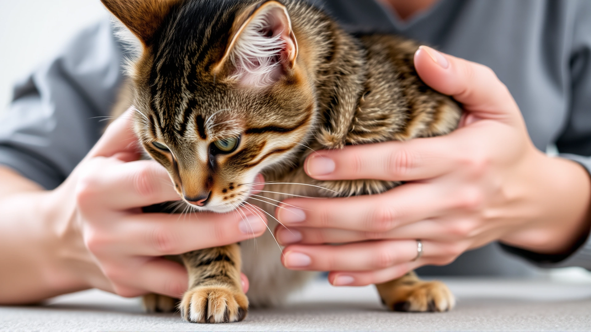 Close-up of a cat owner gently palpating the rib area of a tabby cat to check body condition; neutral indoor background.