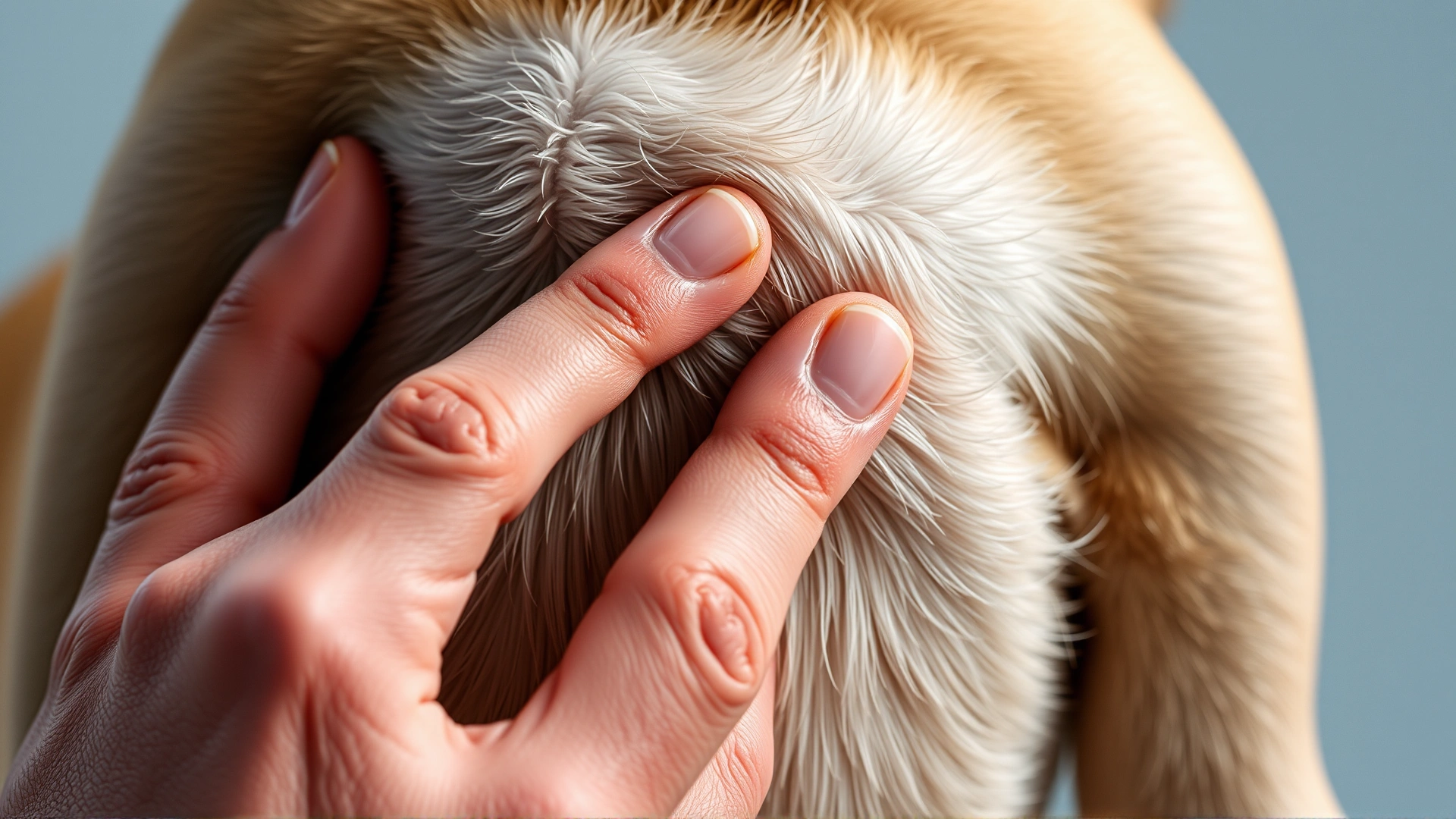 Close-up of a person's hands feeling along a dog's ribcage to check body condition score