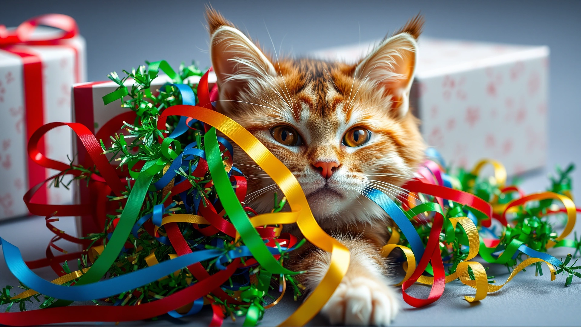 Cat entangled in colorful ribbons and tinsel from a gift box, showing the risk of intestinal obstruction.