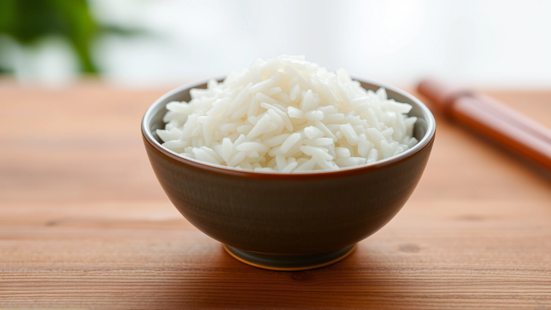 Macro shot of freshly steamed white rice in a simple ceramic bowl on a wooden surface, soft focus background.