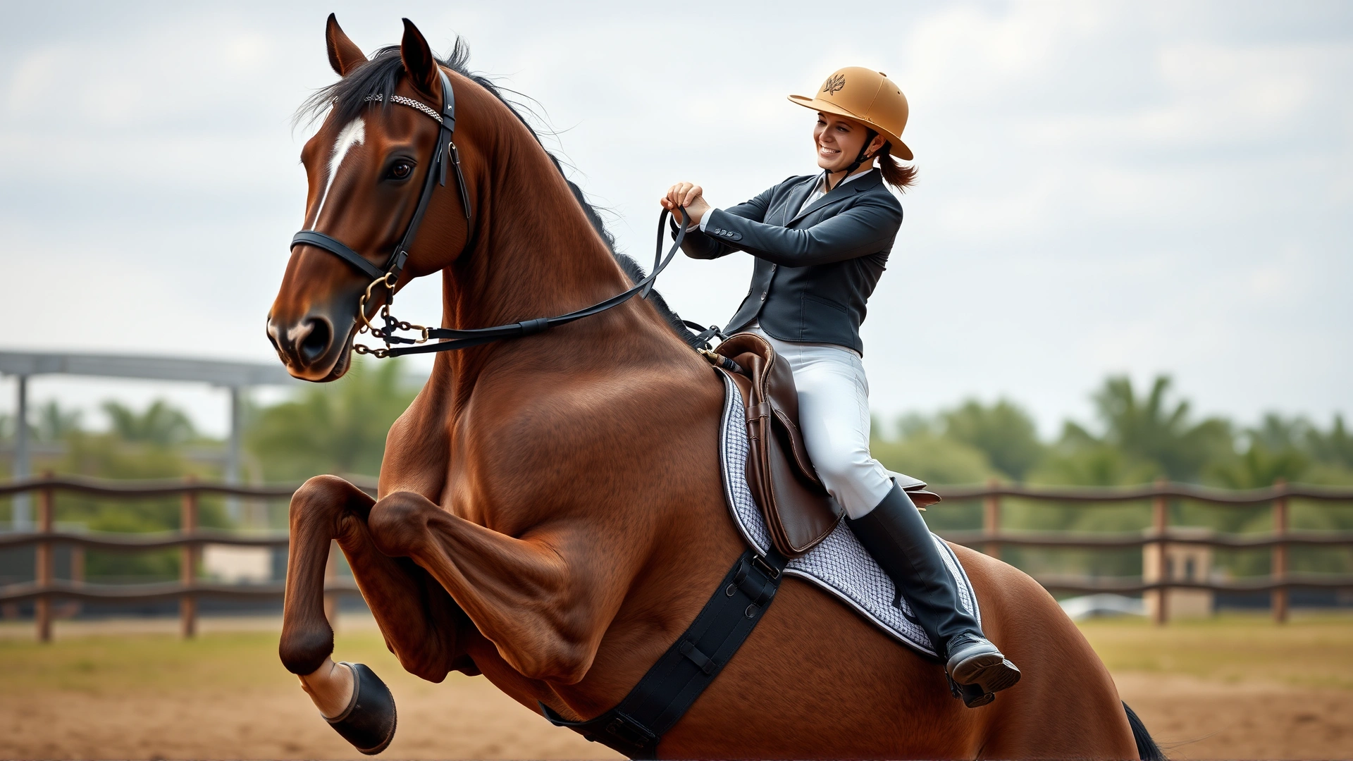 Experienced rider leaning forward and relaxing reins while horse begins to lift front legs, captured mid-action in an outdoor arena