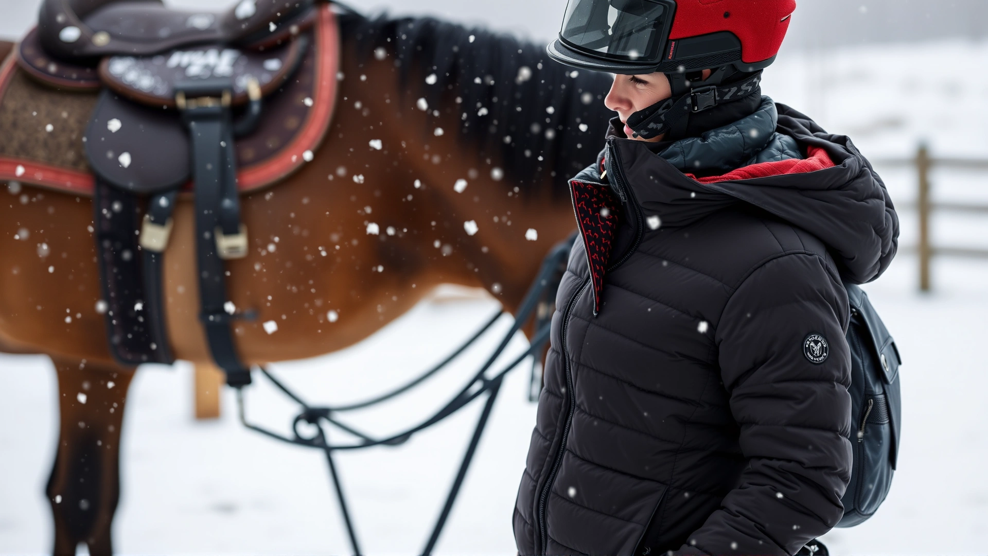 An equestrian wearing layered winter riding apparel—including an insulated jacket, gloves and helmet—standing beside a saddled horse as gentle snowflakes fall.