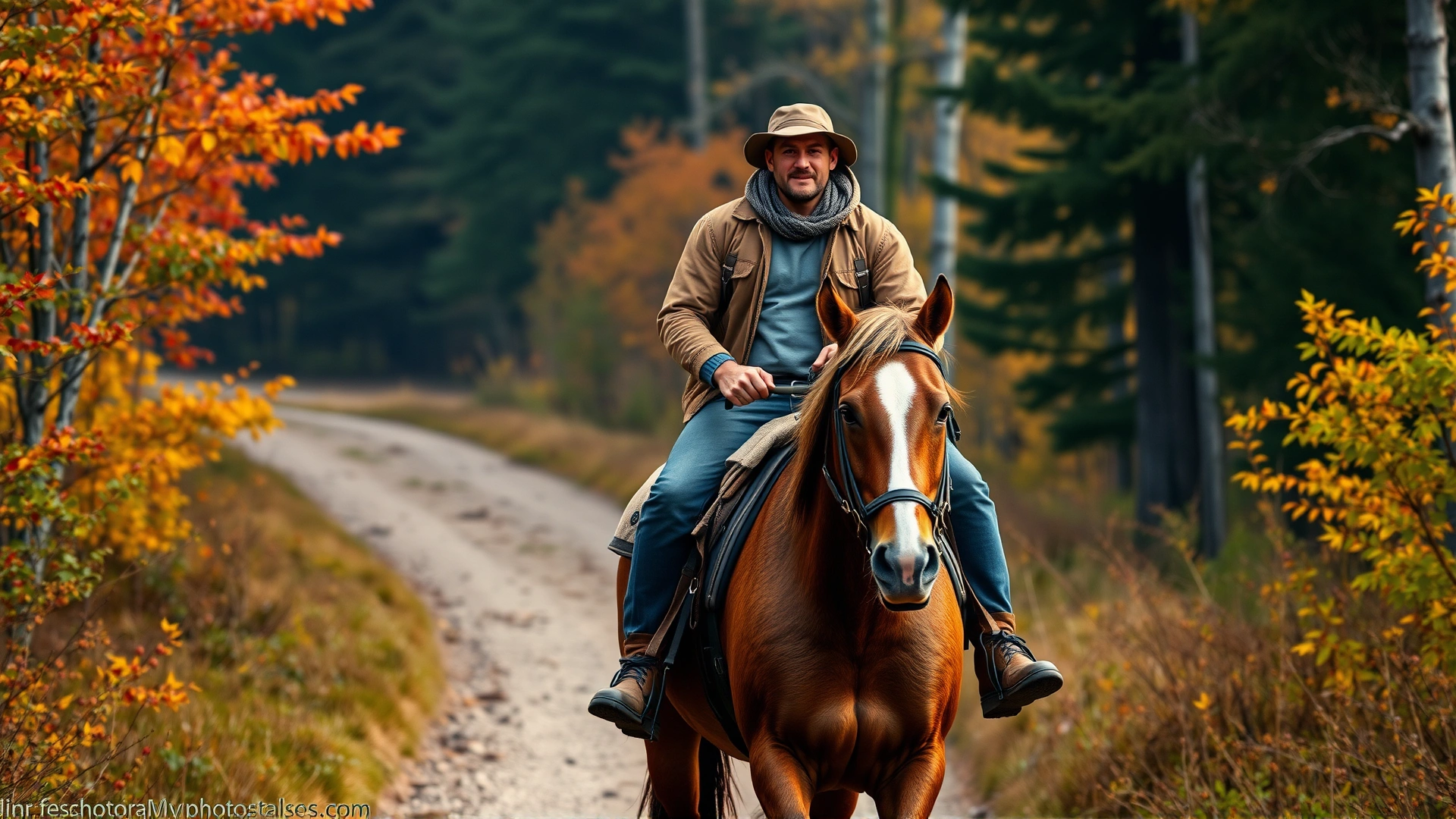 Confident rider wearing casual gear riding a Bashkir Curly horse along a forest trail during autumn, vibrant foliage and dynamic movement, no text.