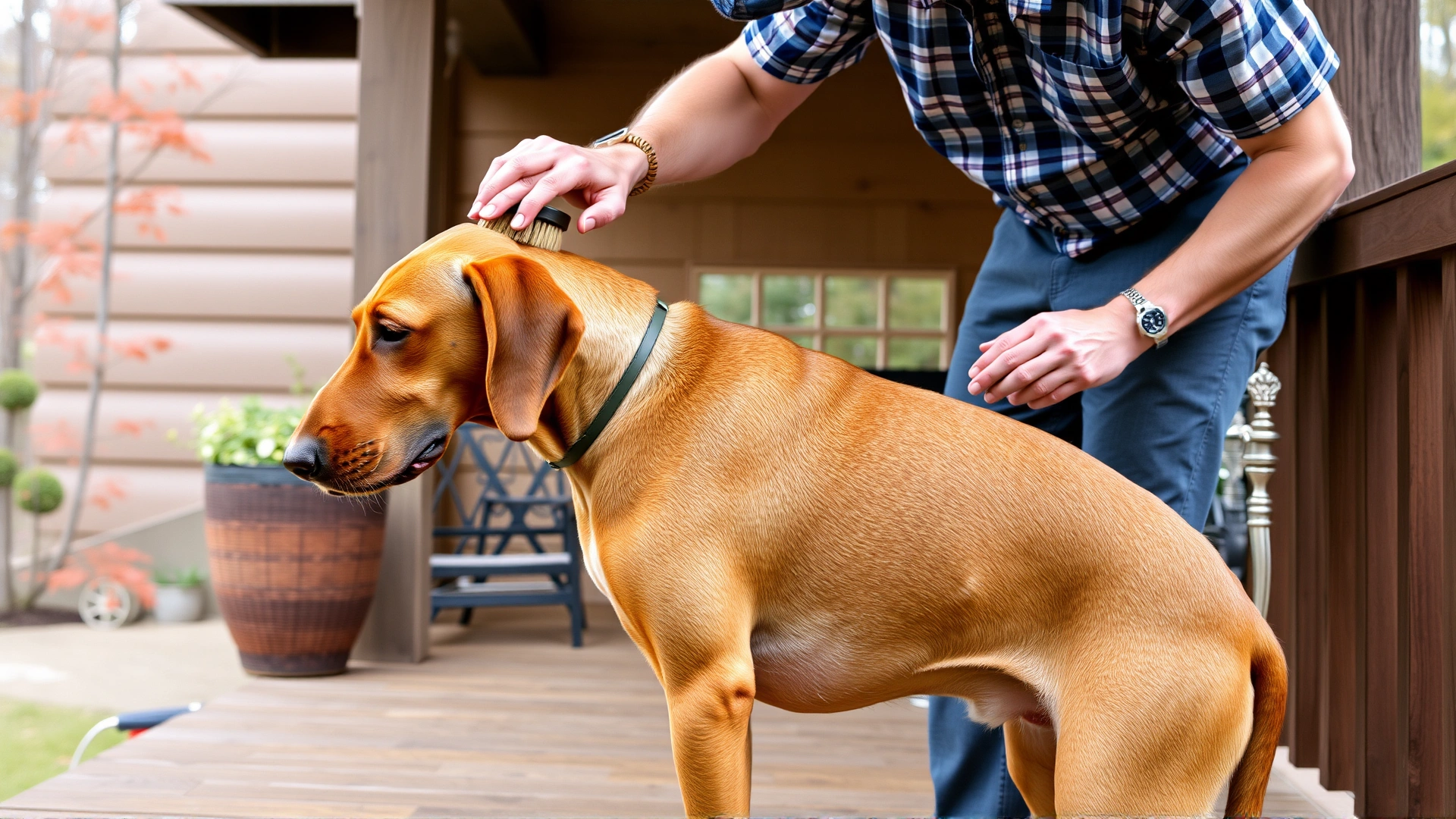 Owner brushing the short coat of a calm adult Rhodesian Ridgeback on a wooden porch, demonstrating simple grooming needs