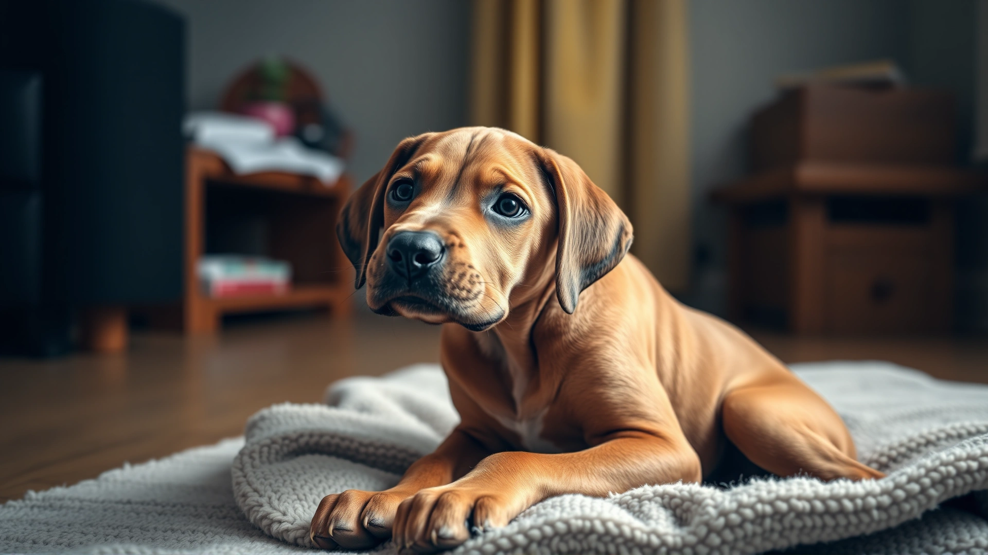 Adorable Rhodesian Ridgeback puppy sitting on a soft blanket indoors and looking curiously at the camera