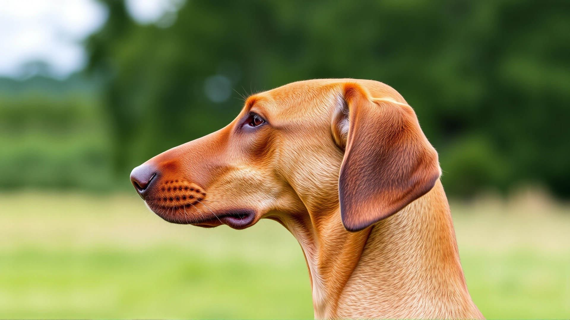 Close-up side profile of a Rhodesian Ridgeback highlighting the distinctive ridge of hair along its spine against a blurred natural background