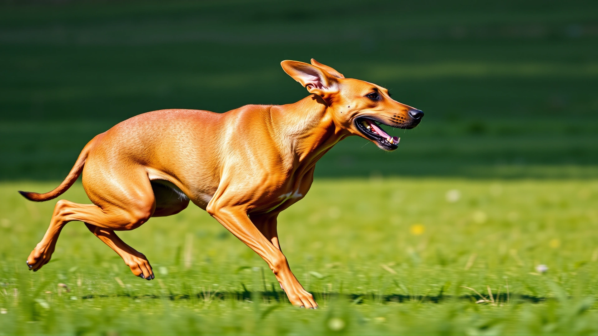 An athletic Rhodesian Ridgeback sprinting across an open green field with ears flapping, captured in motion under vivid daylight