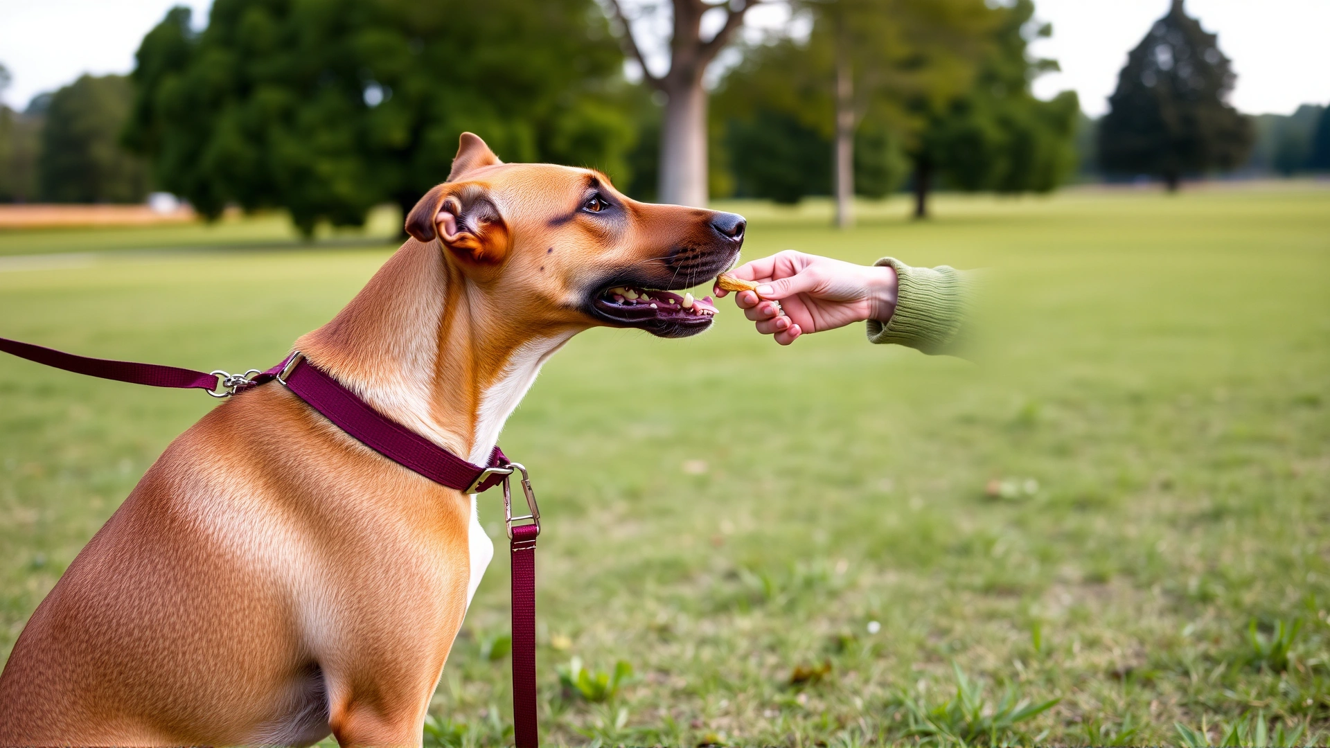 A dog trainer giving a Rhodesian Ridgeback a treat during an obedience session in a grassy park